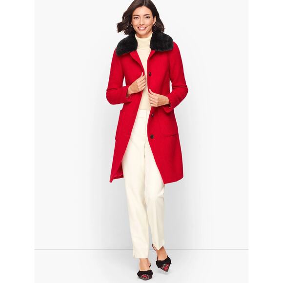 Talbots Jackets & Blazers - Talbots Red Bouclé Wool Dress Coat Black Faux Fur Collar Princess Large NWT $329